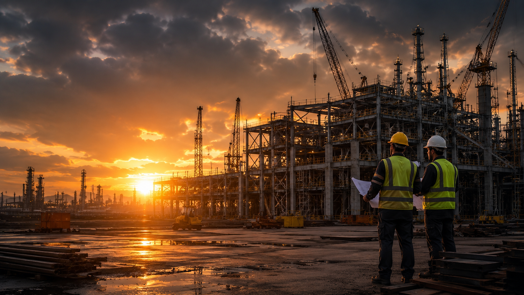 Industrial construction site at dawn