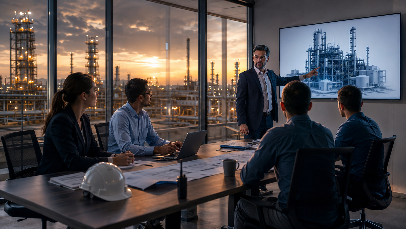 Industrial strategy session at sunset