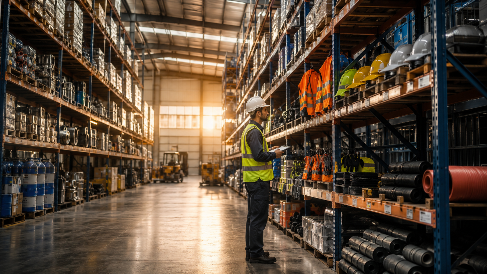 Industrial warehouse with sunlight glow