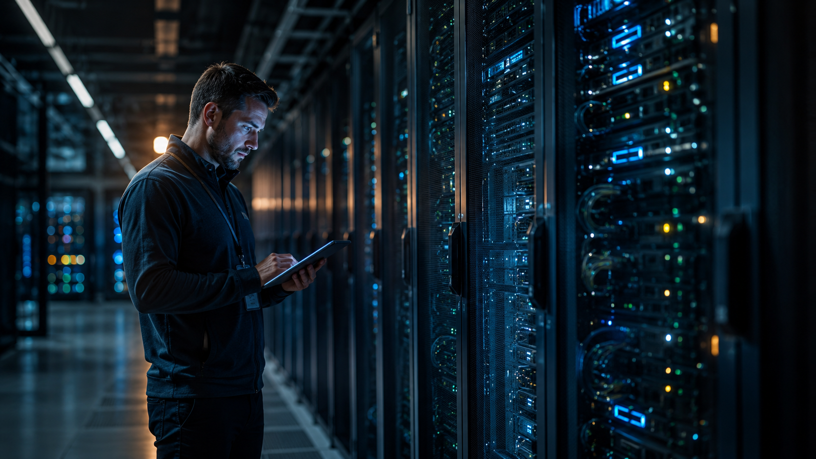 Modern data center with technician