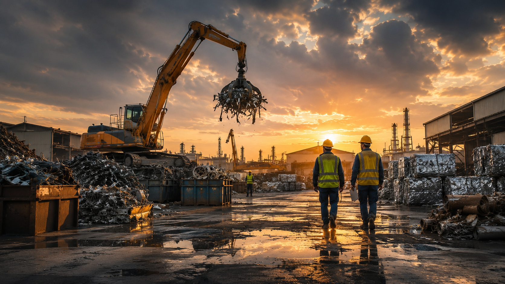 Scrapyard at sunset with machinery