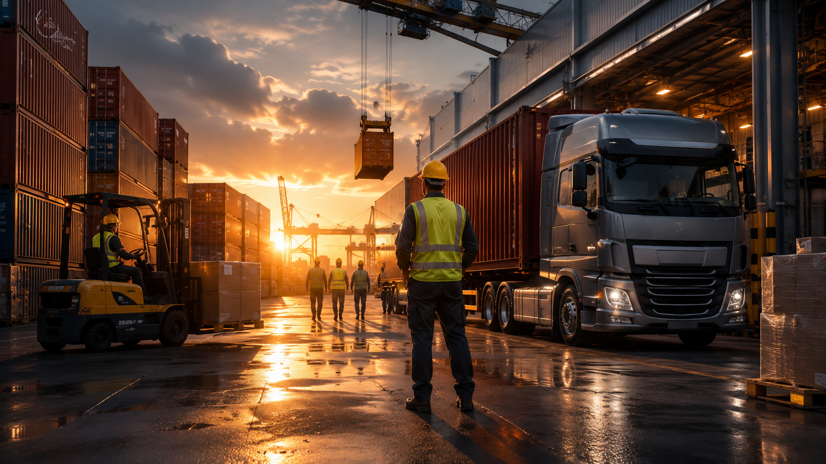 Industrial port at sunset with workers
