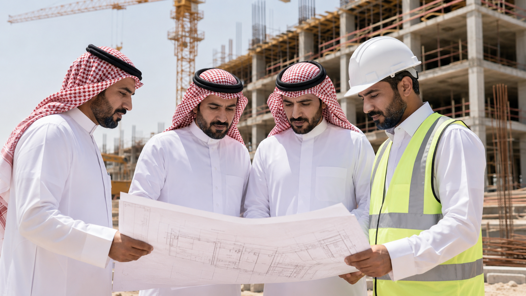 Construction team reviewing blueprints