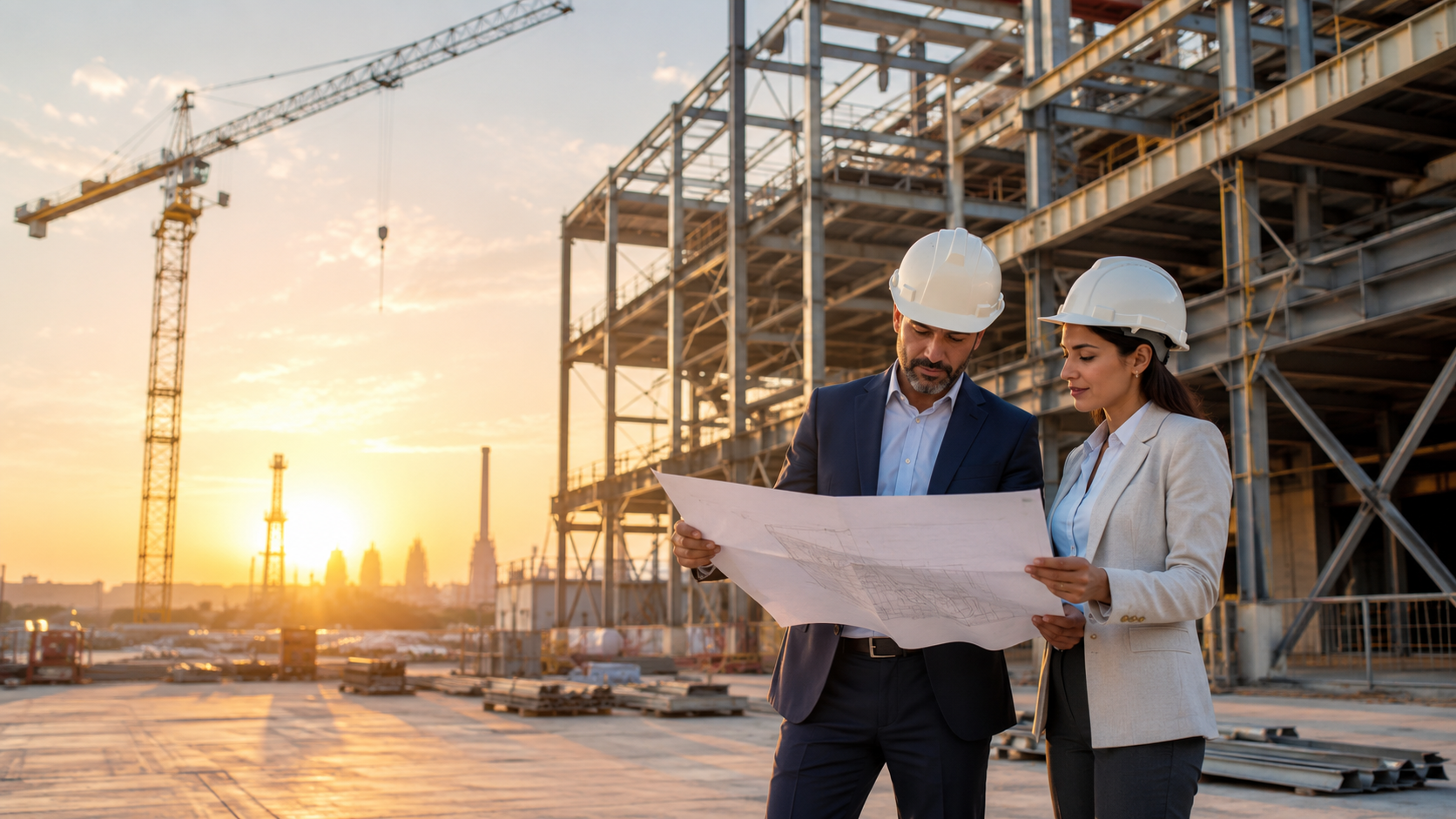 Construction professionals reviewing blueprints at sunset
