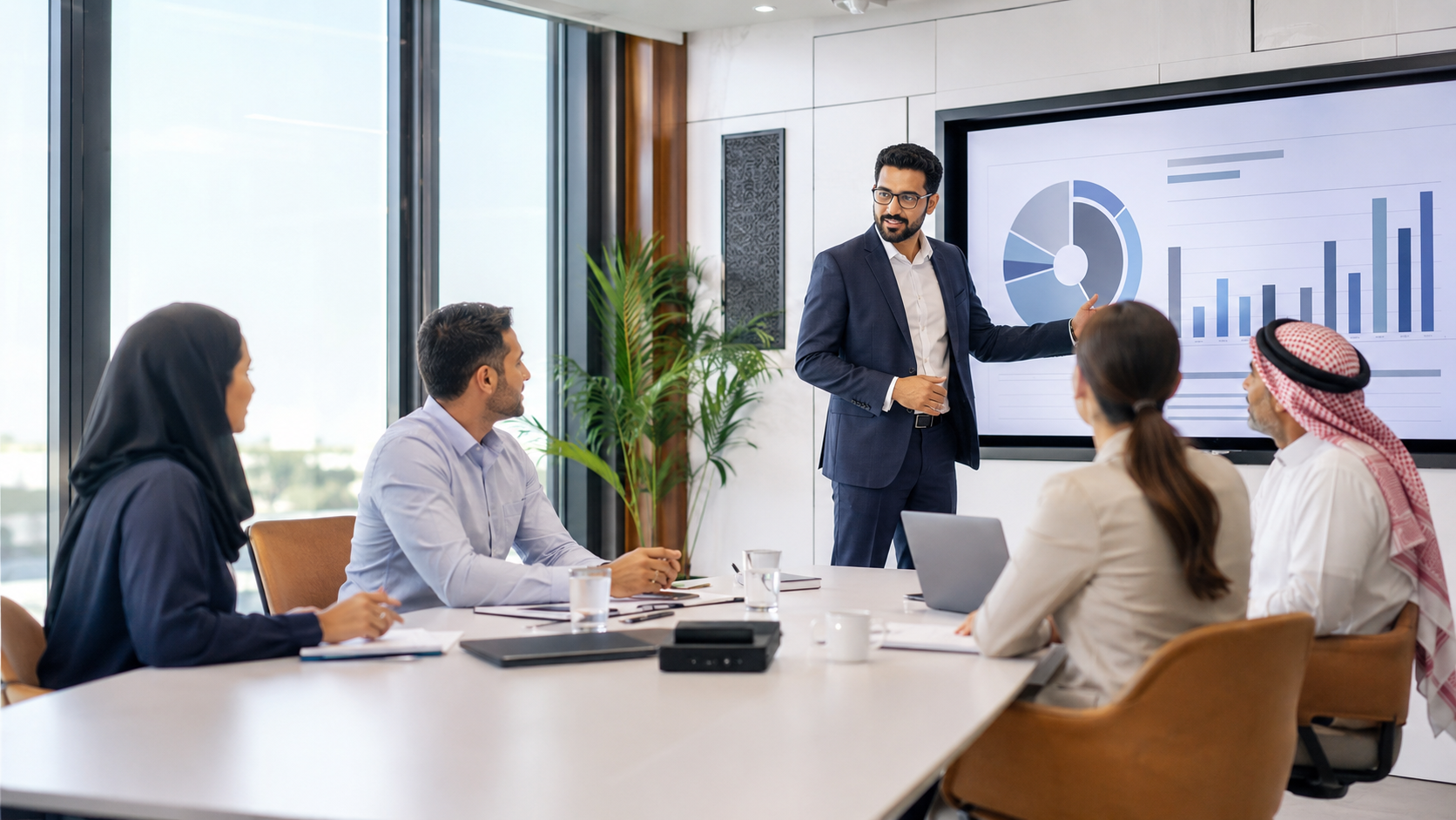 Corporate meeting room with a professional presentation