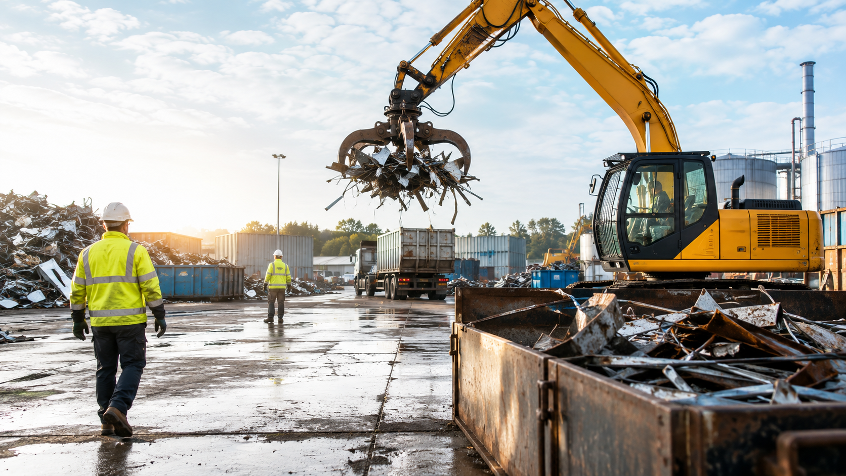 Industrial scrapyard under a bright sky