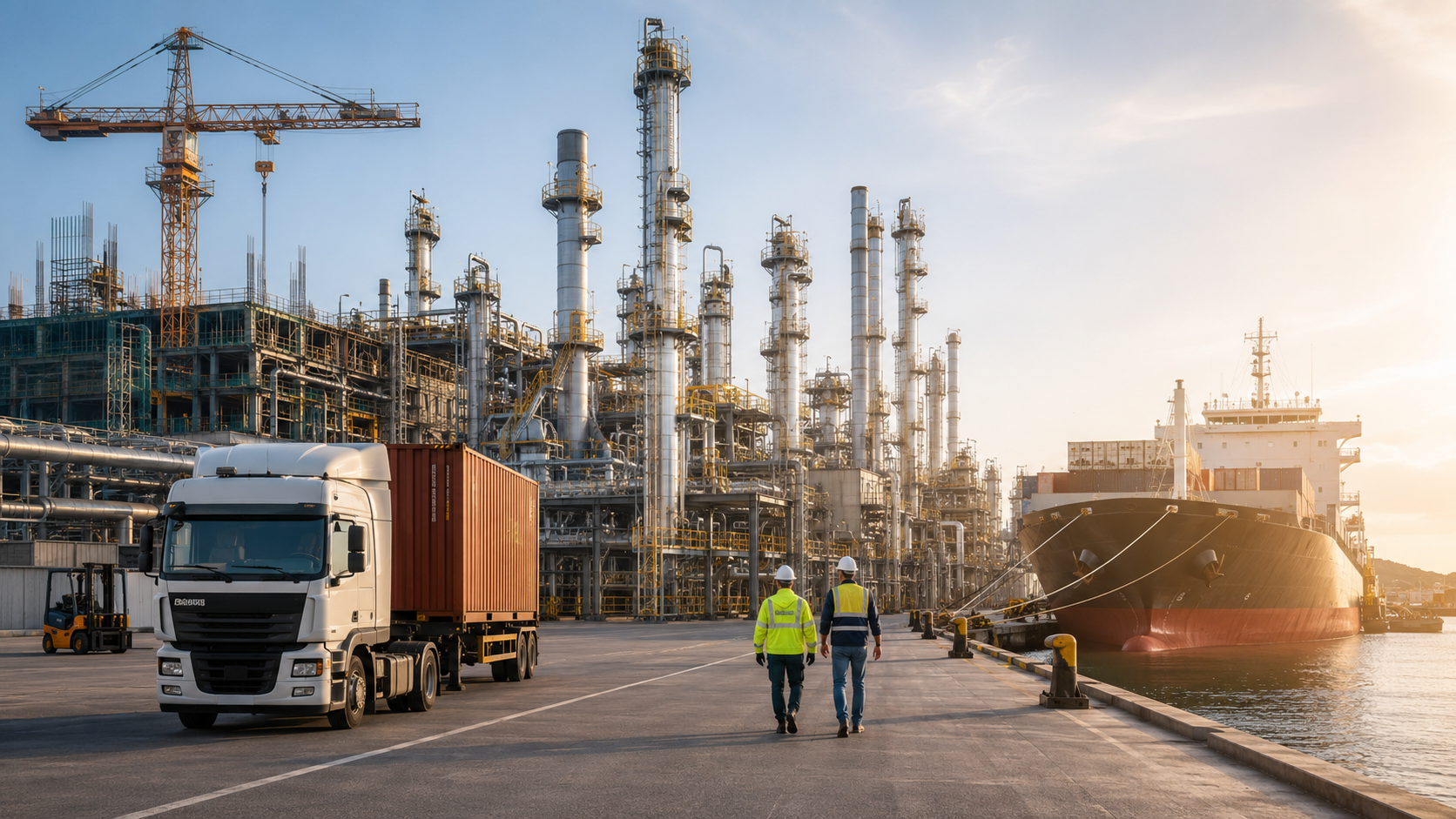 Industrial port with refinery and cargo ship