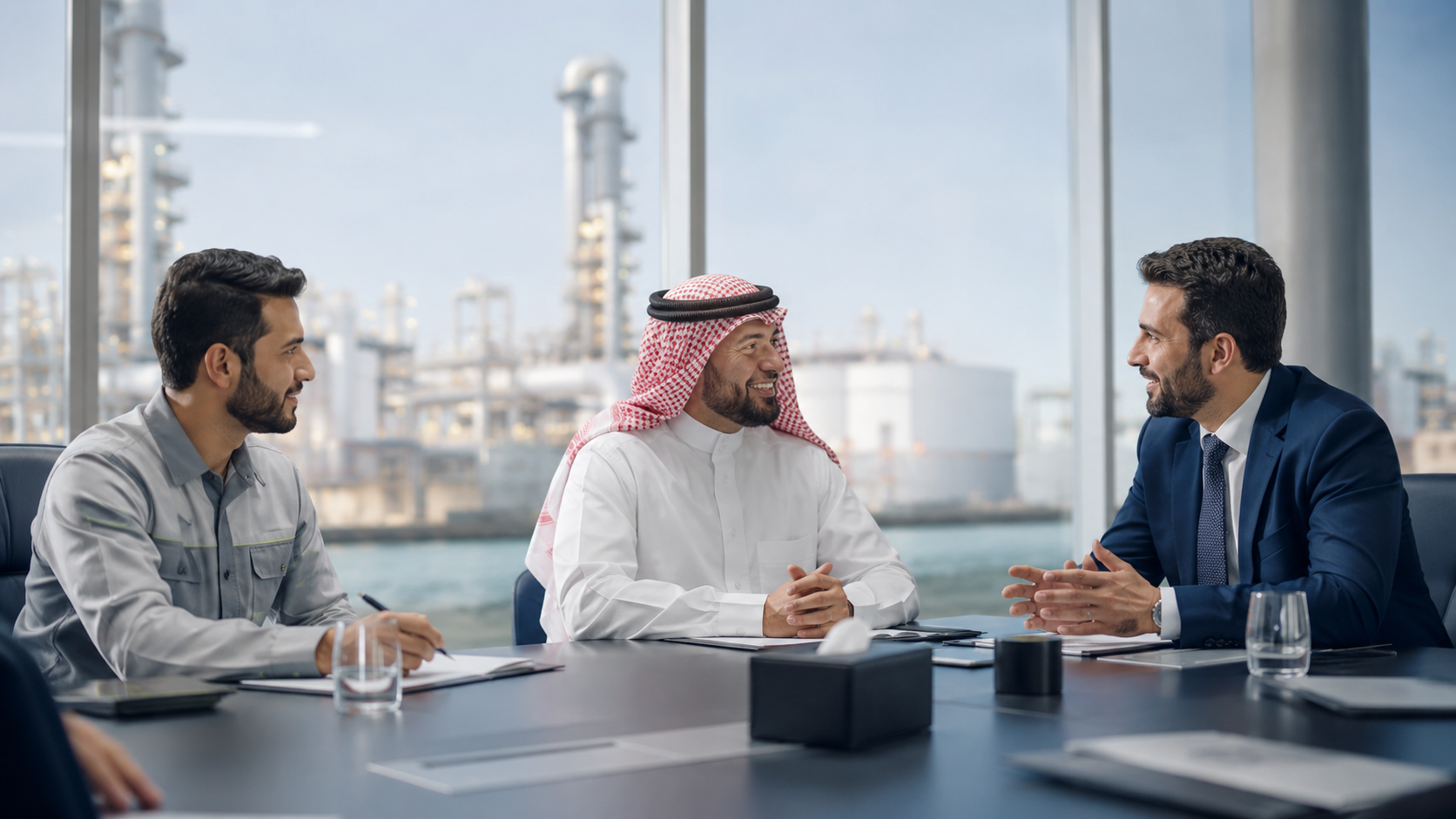 Corporate consultation with an industrial backdrop